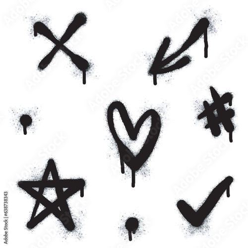 Graffiti drawing symbols set. Painted graffiti spray pattern of lightning  arrow  crown  star  heart and smile. Spray paint elements. Street art style illustration. Vector.