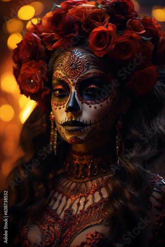 La Catrina dia de muertos schöne Frau mit Maske / Make-up, dekoriert mit Blumen Kostüm. Tag der Toten in Mexico. Hochkant. Hochformat. Generative Ai.