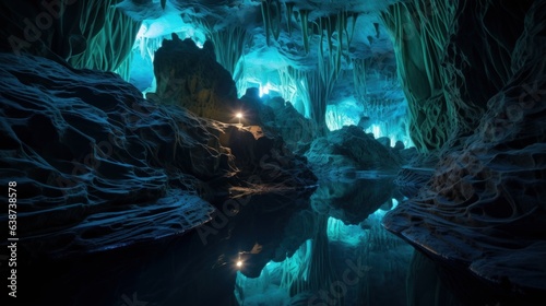 Bioluminescent caves illuminating an underground world | generative ai