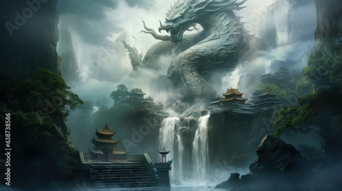 Ancient dragon's lair hidden beneath a misty waterfall | generative ai photo