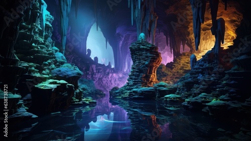 Bioluminescent caves illuminating an underground world | generative ai