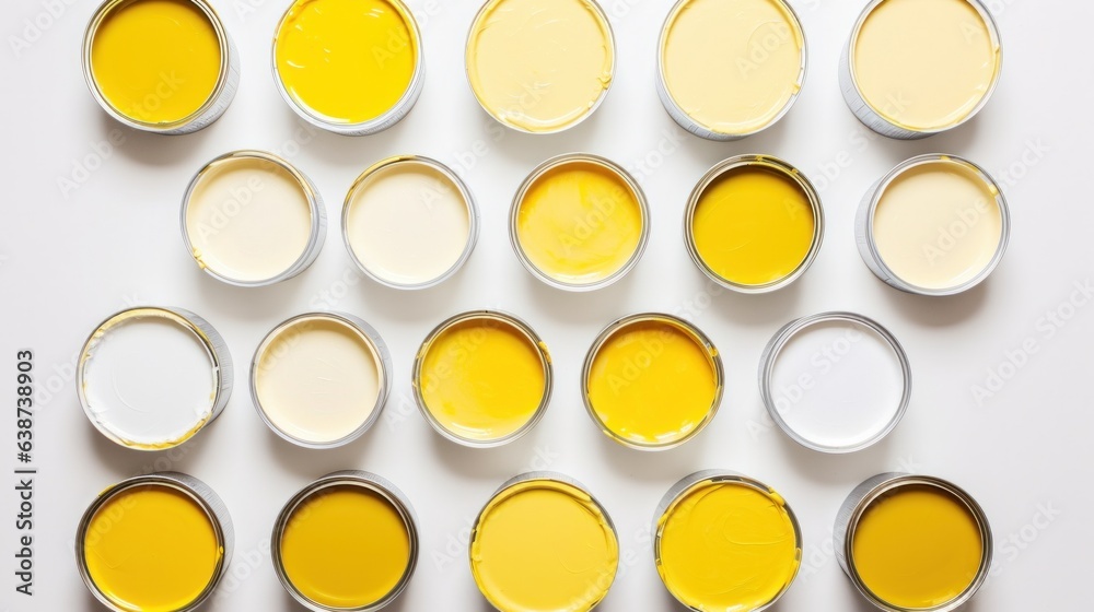 top view of open yellow color cans with paint on a white background.