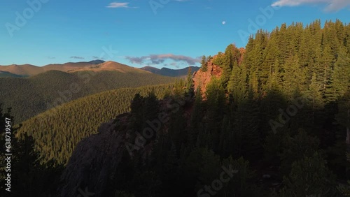 Cinematic aerial drone morning sunrise Denver Mount Evans 14er Chicago lakes front range foothills Rocky Mountains i70 Idaho Springs Evergreen Squaw pass Echo Mountain lake trees moon forward motion photo