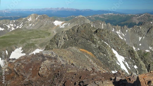 Cinematic aerial Rocky Mountain Denver Colorado Copper Vail top of the world scenic view Mount Quandary snow 14er mid summer early morning Breckenridge Colligate peaks stunning peaceful rockies left photo