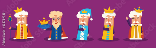 Funny King Character with Beard and Crown Engaged in Different Activity Vector Set