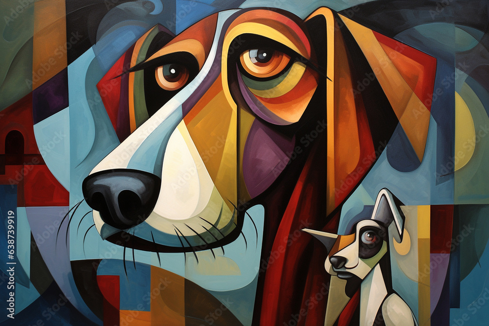 Dog on a background with playful geometry, in the style of precision painting, playful abstraction, spray painted realism, dotted, detailed painting, caninecore, lowbrow art, Generative Ai