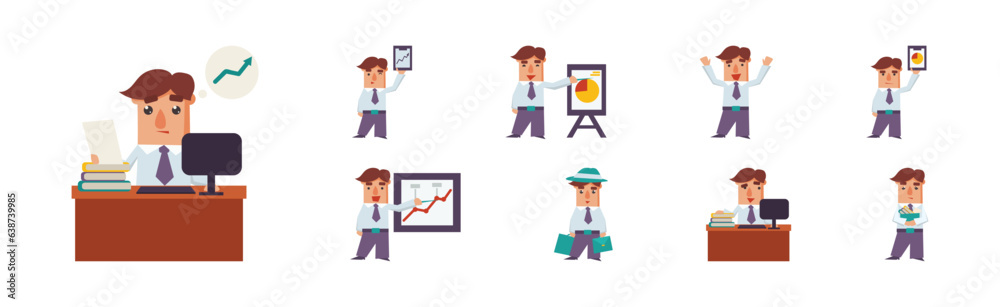 Office Worker Man Character in Formal Suit Vector Set