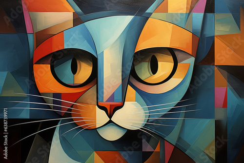 Cat on a background with playful geometry, in the style of precision painting, playful abstraction, spray painted realism, dotted, detailed painting, caninecore, lowbrow art, Generative Ai photo