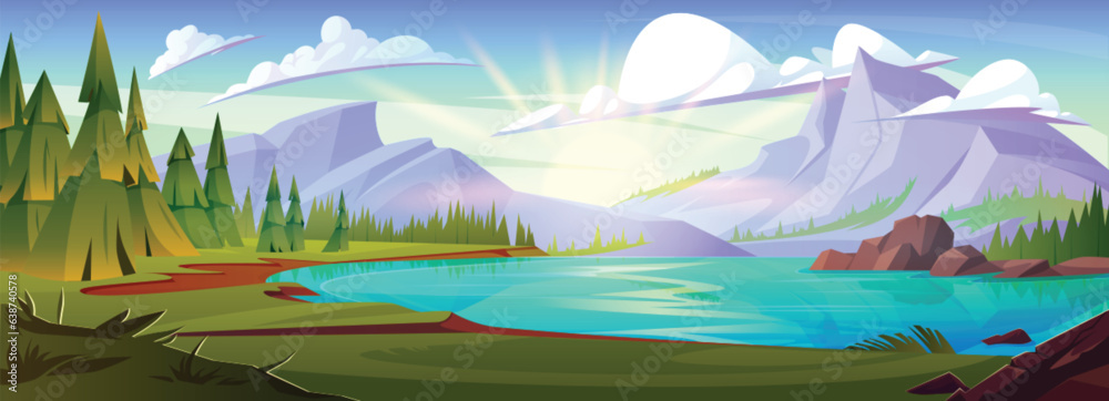 Mountain lake near forest nature vector background. Pine tree, river water and beautiful valley daytime panorama illustration for game environment graphic. Outdoor travel scene with green grass
