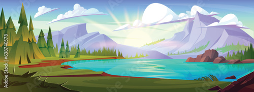 Mountain lake near forest nature vector background. Pine tree  river water and beautiful valley daytime panorama illustration for game environment graphic. Outdoor travel scene with green grass