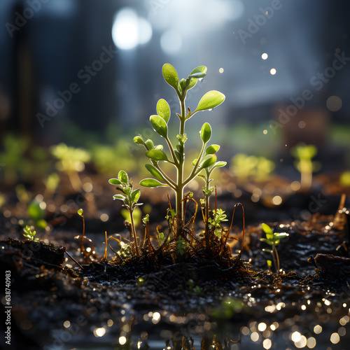 Small plant sprouting from the ground in the rain blurred background 