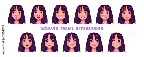 Woman character face emotion cartoon vector set. Happy, sad, angry and smile different female person feeling avatar illustration. Various brunette hair teenager mood expression. Comic user head
