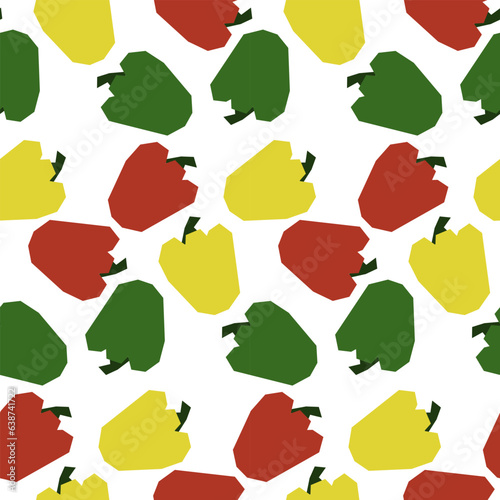 Seamless pattern of colored bell peppers in vector. Hand-drawn illustrations of green, red and yellow bell peppers. Drawings with pepper. Vegan wallpaper. Culinary background. Farmer's harvest