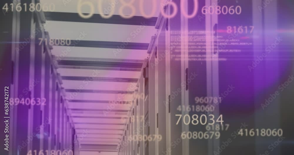 Animation of changing numbers and computer language over server room