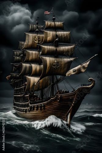 A digital oil painting of a dramatic cinematic scene of an antique pirate ship travelling on a very rough ocean with lots of waves. 