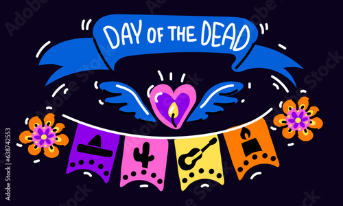 Vector postcard with an illustration of the Mexican holiday Dia de Muertos. A postcard with traditional candles, calendula flowers, carved flags and the inscription Day of the Dead on blue background