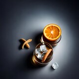 High angle of glasses of whiskey with ice and orange peel placed on gray background.AI generated