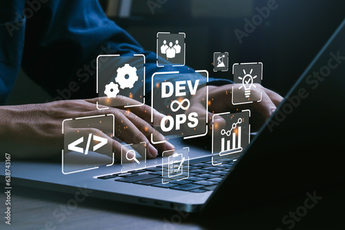 DevOps concept.IT operations, high software quality and software development.Programming,web development, design, interaction with each other.