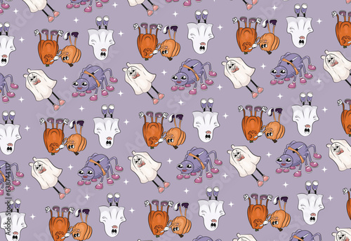 Fototapeta Naklejka Na Ścianę i Meble -  Cute pattern, seamless pattern with Halloween characters. Ghosts, pumpkins and a spider on a lavender (light purple) background.