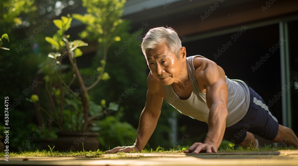 Fototapeta premium シニアと運動、腕立て伏せをする元気な日本人男性