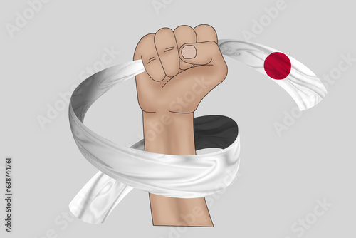 3D illustration. Hand holding flag of Japan on a fabric ribbon background.