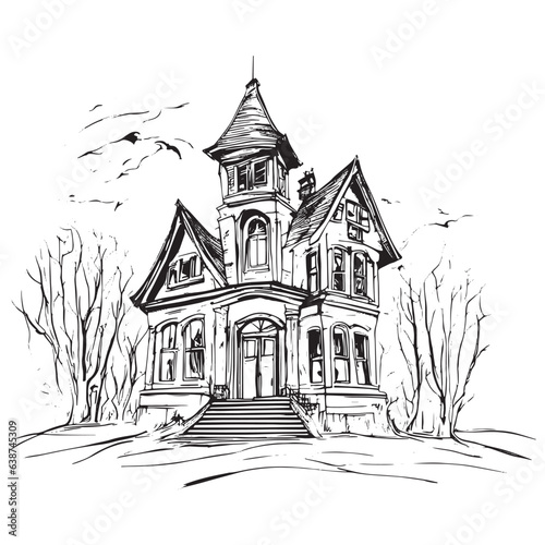 scary house silhouette sketch. Mystical house with monsters and ghosts for Halloween. creepy house. Vector illustration for the store. The tattoo is isolated on a white background.