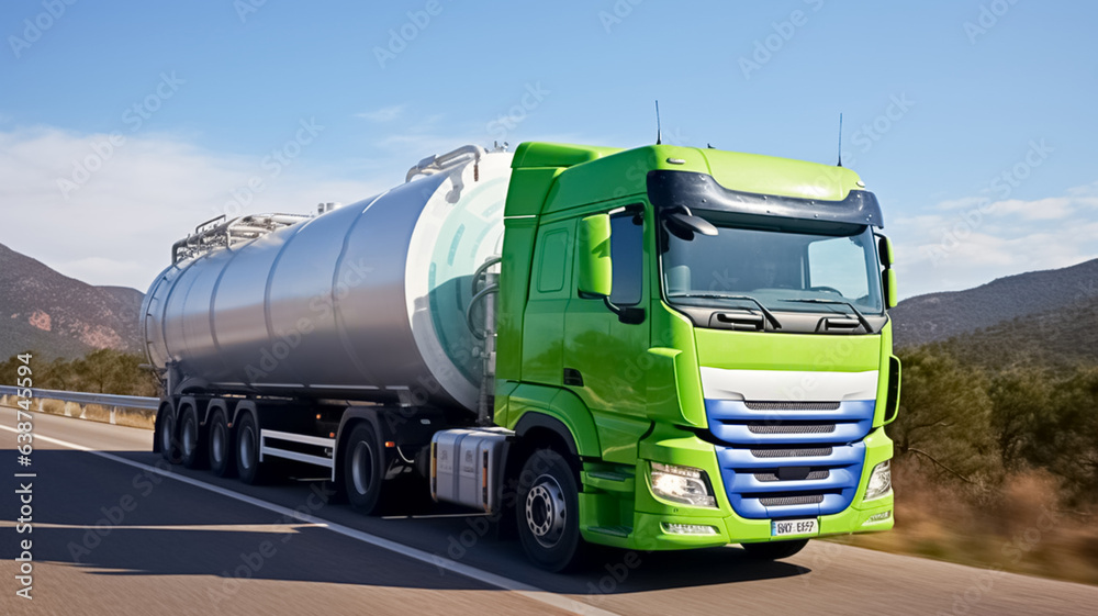 Truck with hydrogen fuel tank trailer on a road. Sustainable renewable energy. Commercial logistic truck transport with green power. 
