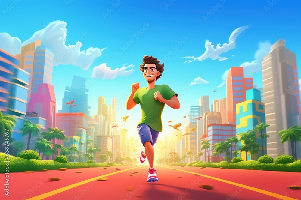 Man Running Marathon on Green City Road 3d Render, Cute Runner Running For Healthy Life Concept. Generative Ai