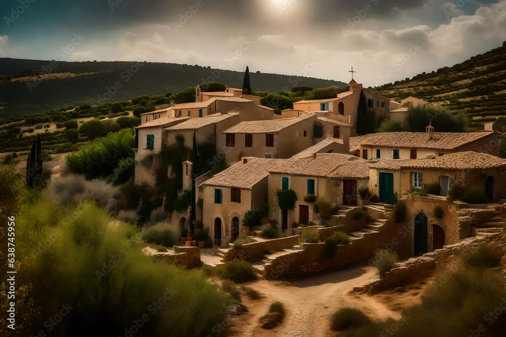 A quaint village nestled within a Mediterranean scrubland