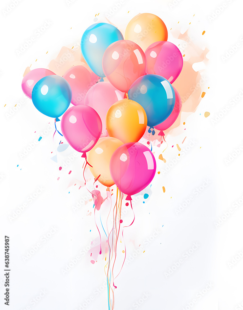 Colorful party balloons watercolor illustration isolated on white background