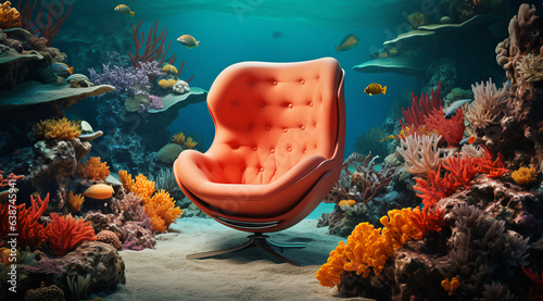 mid-century leater chair submerged underwater surround  photo