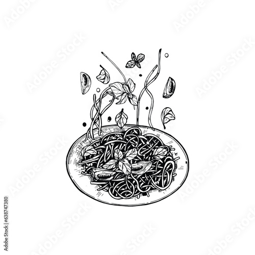 pasta on plates vector drawing. pasta flying food vector sketch