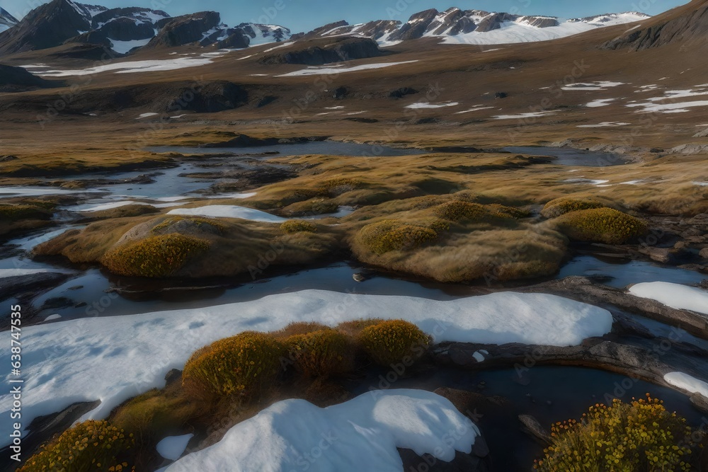Arctic tundra with small shrubs and lichen-covered rocks
