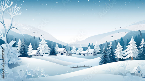 Winter urban countryside landscape. Countryside Landscape in Papercut Style. Generative AI © Yellow