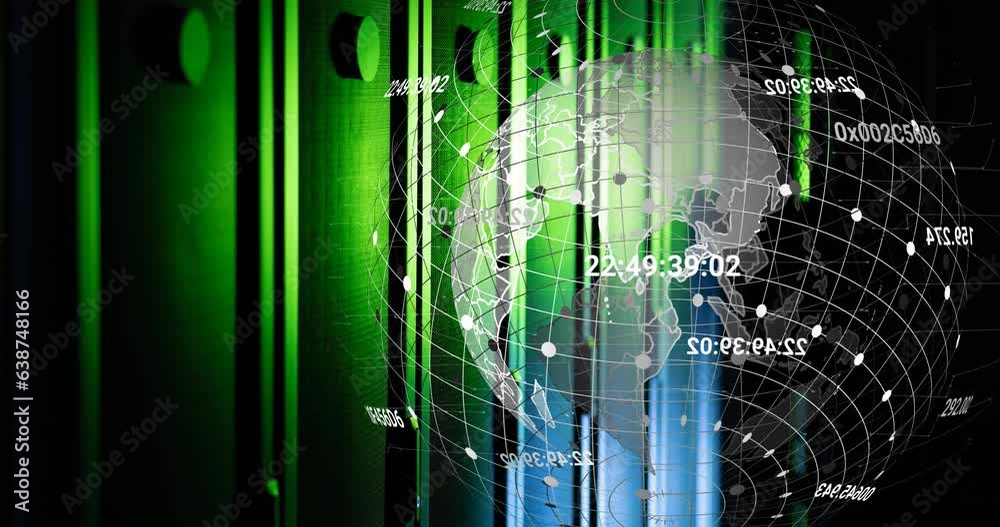 Animation of changing numbers over rotating globe over server room Animation of changing numbers over rotating globe over server room
