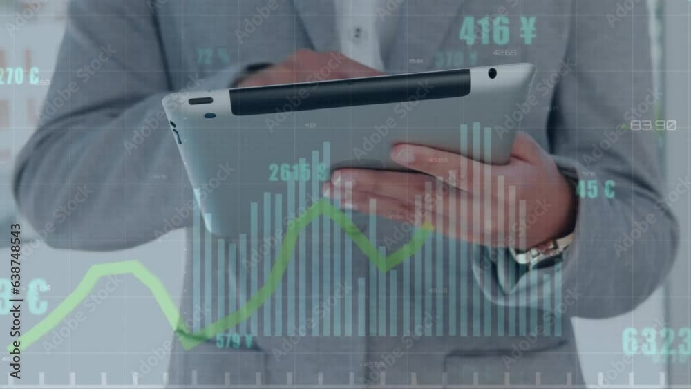 Animation of graphs, changing numbers and currency symbols, caucasian man using digital tablet Animation of graphs, changing numbers and currency symbols, caucasian man using digital tablet