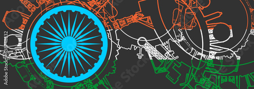 Concept of industrial design. Energy and power icons set. Energy generation, transportation and heavy industry. Brochure, report or cover design template. Thin lines style. Flag of India