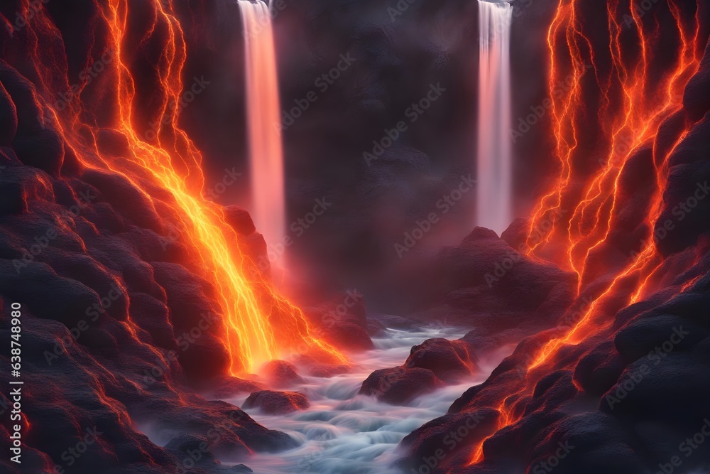 waterfall and burning lava in volcano area