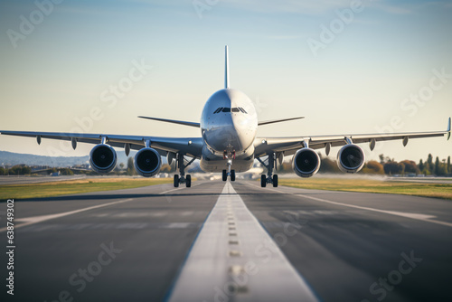 Airline Airbus, aeroplane on airport runway, airplane is flying over a runway © Shahsoft Production