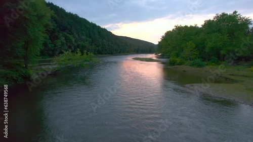 Sunset magic hour Drone aerial of the Susquehanna river in Pennsylvania. Location of the first baptisms for the Mormon restoration of the priesthood. photo