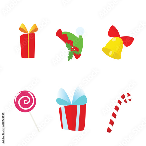 Set of Christmas attributes gifts, lollipops, elf hat and bell with bow in cartoon style isolated on white background.