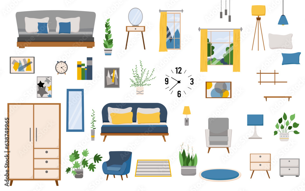 Vector set of bedroom furniture. Sofa, armchair, wardrobe, bedside table, mirror, chest of drawers, rug, floor lamp, chandelier Vector set of bedroom furniture. Sofa, armchair, wardrobe, bedside table, mirror, chest of drawers, rug, floor lamp, chandelier