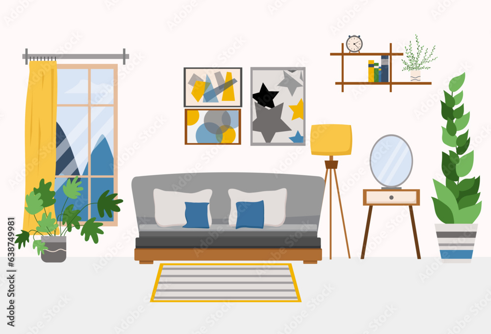 Cozy Bedroom Interior with Furniture Like Bed, Wardrobe, Bedside Table, Vase, Chandelier in Modern Style in Flat Vector Illustration Cozy Bedroom Interior with Furniture Like Bed, Wardrobe, Bedside Table, Vase, Chandelier in Modern Style in Flat Vector Illustration