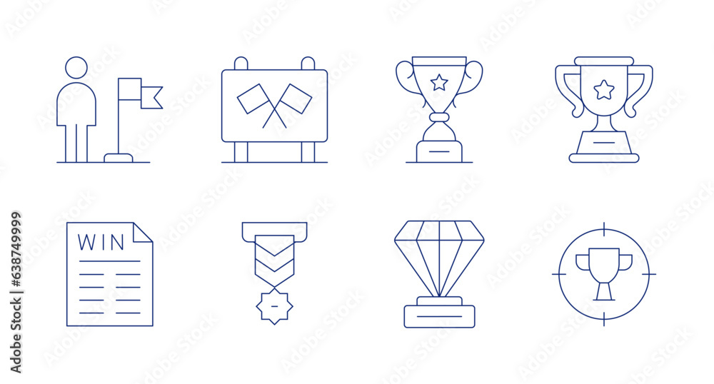 Winner icons. editable stroke. Containing flag, formula one, trophy, lottery, medal.