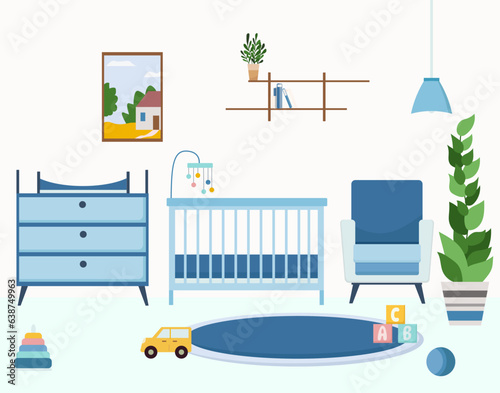 Cozy nursery interior with furniture such as crib, armchair, toys, rug in modern style flat vector illustration.