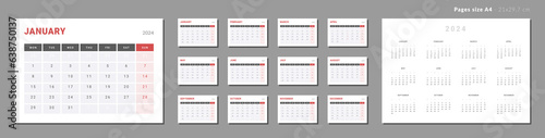 Set of Monthly pages Calendar Planner Templates 2024-2025 for wall or desk in grey and red color. Vector layout of calendar with week start Monday for print. Pages for size A4 or 21x29.7 cm