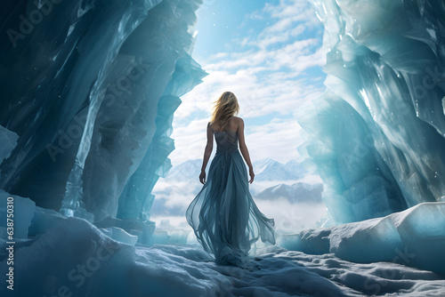 Woman at the glacier, turquoise ice caves, frozen landscapes