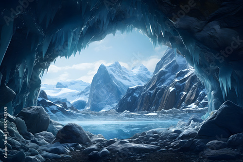 Glacier, turquoise ice caves, frozen landscapes