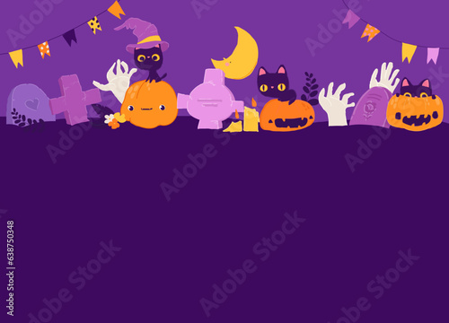 Cartoon Halloween Banner with Pumpkin  Zombies  Cats and Graves