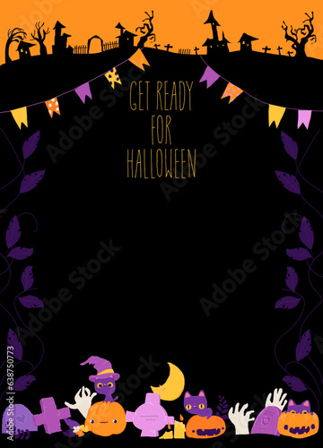 Cartoon Halloween Banner with Pumpkin, Zombies, Cats and Graves